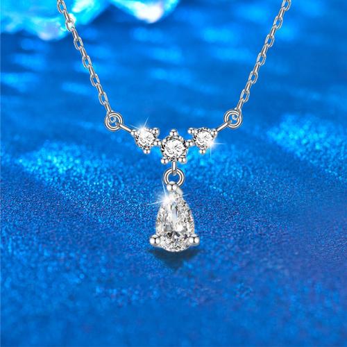 925 Sterling Silver Necklace, with Moissanite, with 2inch extender chain, Teardrop, platinum plated, cross chain & fashion jewelry & for woman Approx 15.7 Inch 