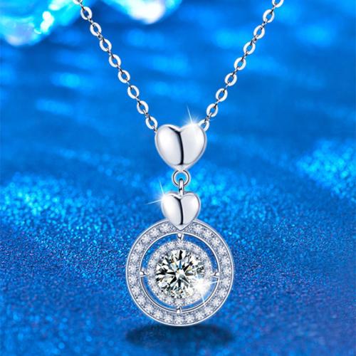 925 Sterling Silver Necklace, with Moissanite, with 2inch extender chain, Round, platinum plated, cross chain & fashion jewelry & for woman Approx 15.7 Inch 