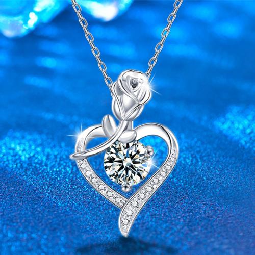 925 Sterling Silver Necklace, with Moissanite, with 2inch extender chain, Heart, cross chain & with flower pattern & for woman & hollow Approx 15.7/PC 