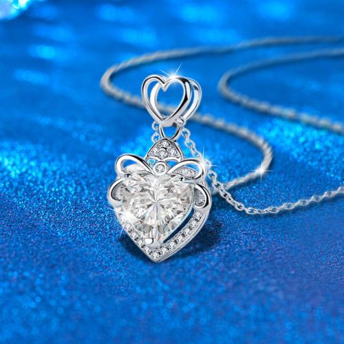 925 Sterling Silver Necklace, with Moissanite, with 2inch extender chain, Heart, platinum plated, fashion jewelry & for woman Approx 15.7 Inch 