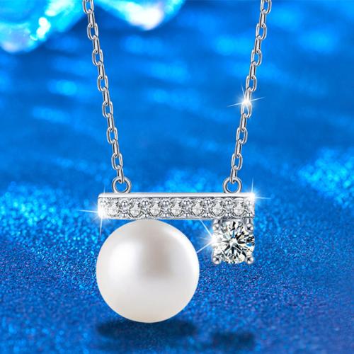 925 Sterling Silver Necklace, with Moissanite & Freshwater Pearl, with 2inch extender chain, Round, platinum plated, fashion jewelry & for woman Approx 15.7 Inch 