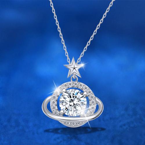 925 Sterling Silver Necklace, with Moissanite, with 2inch extender chain, platinum plated, for woman & hollow Approx 15.7 Inch 