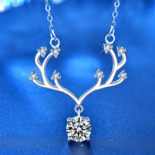 925 Sterling Silver Necklace, with Moissanite, with 2inch extender chain, Antlers, platinum plated, cross chain & for woman Approx 15.7 Inch 