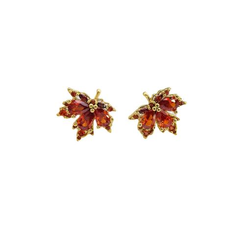 Cubic Zirconia Micro Pave Brass Earring, Maple Leaf, 18K gold plated, fashion jewelry & micro pave cubic zirconia & for woman, red, 15mm 