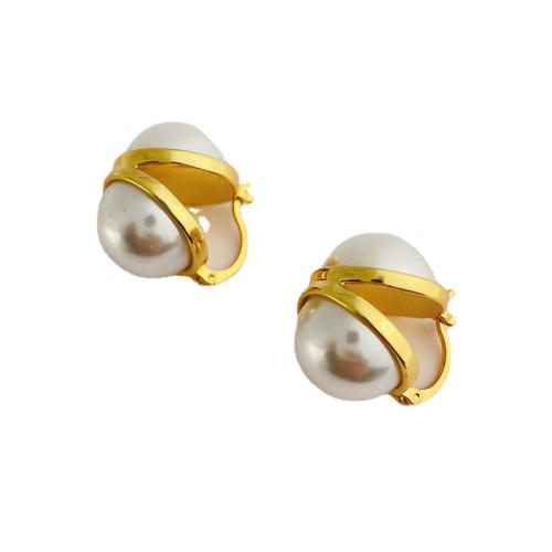 Brass Hoop Earring, with Plastic Pearl, 18K gold plated, fashion jewelry & for woman, white 