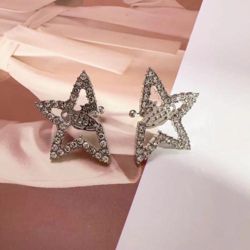 Brass Earring Clip, Star, fashion jewelry & for woman & with rhinestone & hollow, silver color 