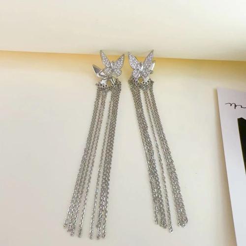 Fashion Fringe Earrings, Brass, fashion jewelry & micro pave cubic zirconia & for woman, silver color, 90mm 