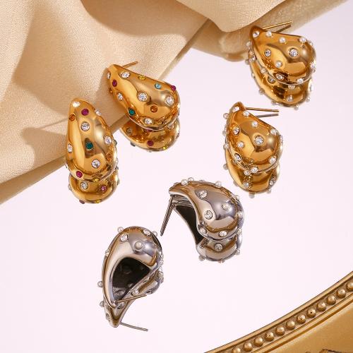 Stainless Steel Rhinestone Stud Earring, 316L Stainless Steel, with Plastic Pearl, Teardrop, fashion jewelry & for woman & with rhinestone 