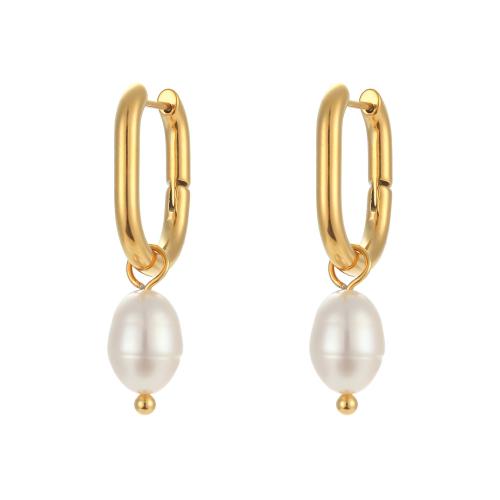 Stainless Steel Leverback Earring, 304 Stainless Steel, with Plastic Pearl, 18K gold plated, fashion jewelry & for woman, golden 