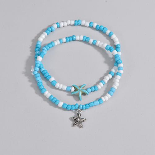 Tobillera de joyería de moda, aleación de zinc, con Seedbead & turquesa, Estrella de Mar, 2 piezas & para mujer, Vendido por Set