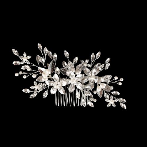Decorative Hair Combs, Zinc Alloy, with Glass Rhinestone & Plastic Pearl, fashion jewelry & for woman, silver color 