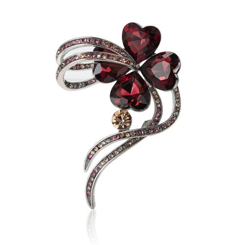 Zinc Alloy Jewelry Brooch, Four Leaf Clover, silver color plated, for woman & with rhinestone 