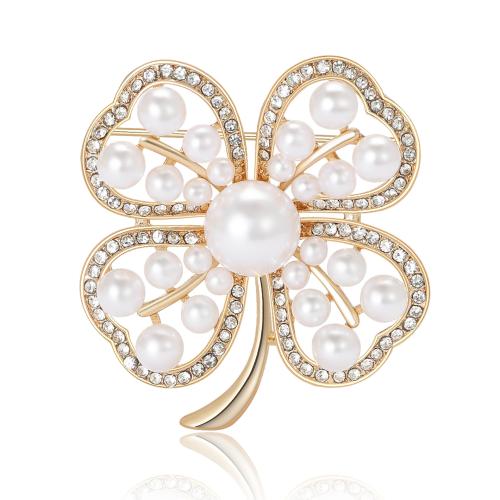 Zinc Alloy Jewelry Brooch, with Plastic Pearl, Four Leaf Clover, plated, for woman & with rhinestone 