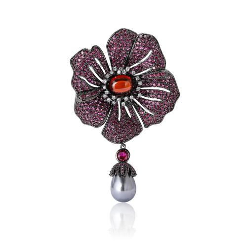 Plastic Pearl Brooch, Brass, with Plastic Pearl, Flower, plumbum black color plated, micro pave cubic zirconia & for woman 