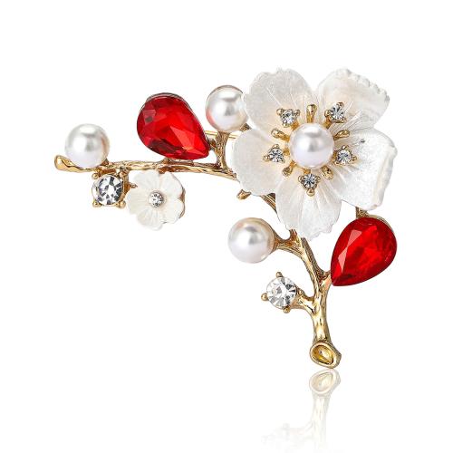 Zinc Alloy Jewelry Brooch, with Resin & Plastic Pearl, Flower, gold color plated, for woman & with rhinestone 