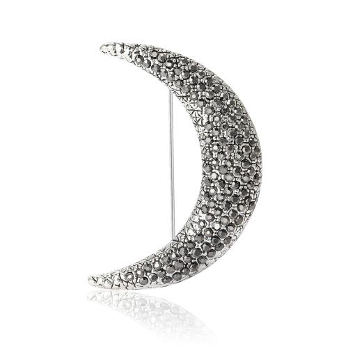 Zinc Alloy Jewelry Brooch, Moon, silver color plated, for woman & with rhinestone 