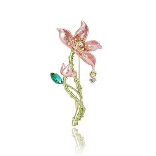 Zinc Alloy Jewelry Brooch, Flower, gold color plated, for woman & enamel & with rhinestone 
