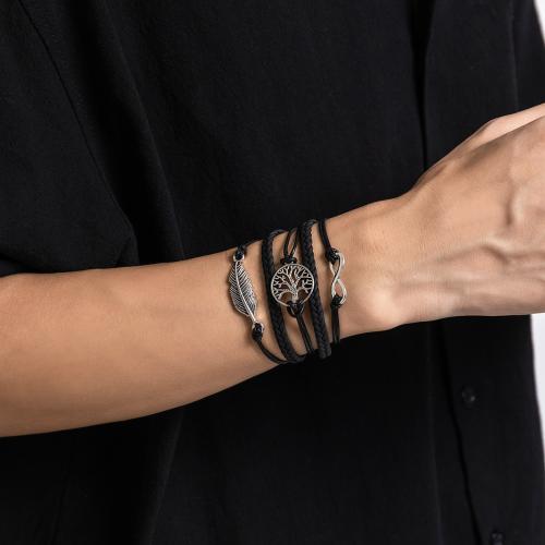 PU Leather Cord Bracelets, Wax Cord, with PU Leather & Zinc Alloy, with 5cm extender chain, fashion jewelry, black cm 