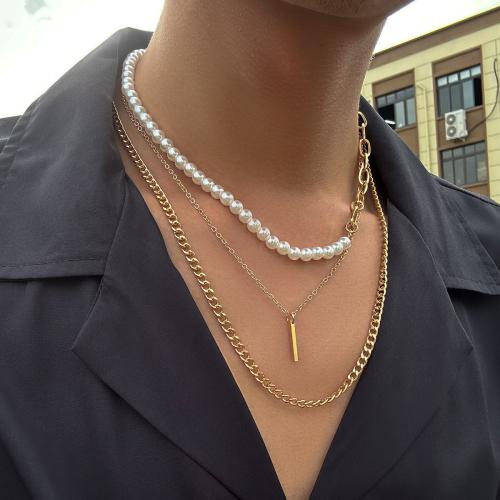 Mode-Multi-Layer-Halskette, Eisen, mit Kunststoff Perlen & Zinklegierung, plattiert, Modeschmuck, keine, verkauft von PC