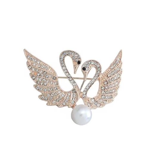 Zinc Alloy Jewelry Brooch, with Plastic Pearl, Swan, plated, for woman & with rhinestone 