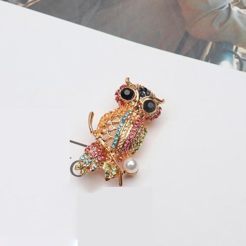 Rhinestone Zinc Alloy Brooch, with Plastic Pearl, Owl, plated, for woman & with rhinestone, golden 