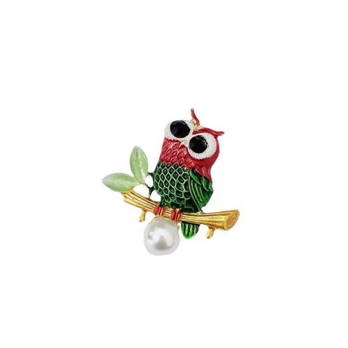 Enamel Brooch, Zinc Alloy, with Plastic Pearl & Acrylic, Owl, plated, for woman & with rhinestone, golden 