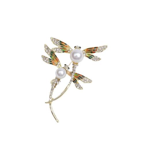 Plastic Pearl Brooch, Zinc Alloy, with Plastic Pearl, Dragonfly, plated, for woman & enamel & with rhinestone, golden 