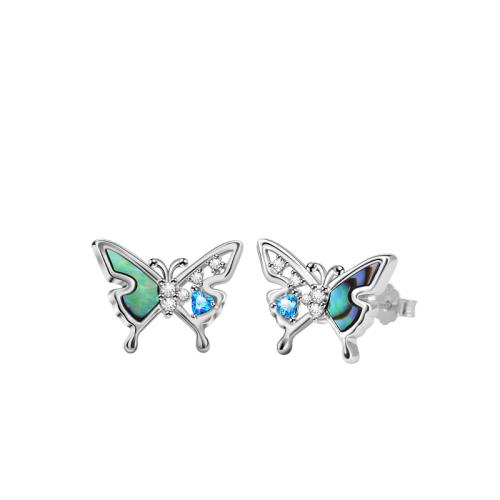 Cubic Zirconia Micro Pave Sterling Silver Earring, 925 Sterling Silver, with Abalone Shell, Butterfly, micro pave cubic zirconia & for woman, silver color 
