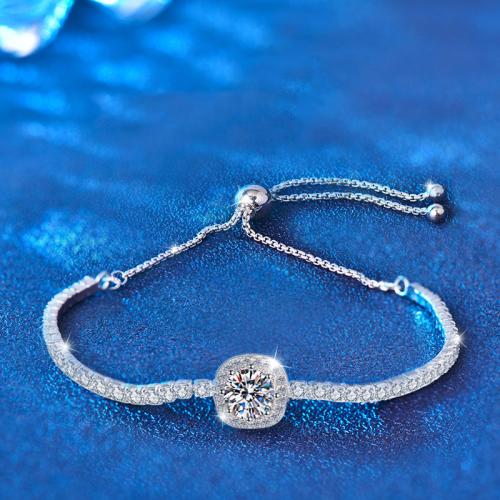 925 Sterling Silver Bracelet, with Moissanite, Square, platinum plated, fashion jewelry & for woman Approx 10.2 Inch 