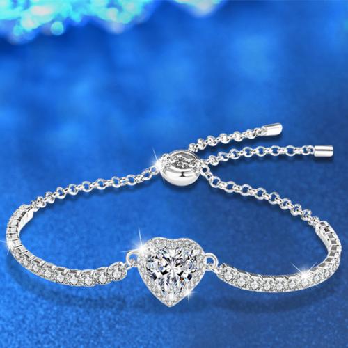 925 Sterling Silver Bracelet, with Moissanite, Heart, platinum plated, fashion jewelry & for woman Approx 9.8 Inch 