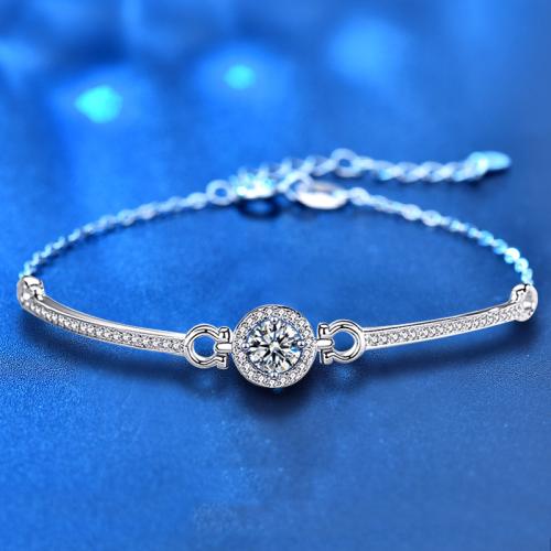 925 Sterling Silver Bracelet, with Moissanite, with 1.2inch extender chain, Round, platinum plated, fashion jewelry & for woman Approx 5.9 Inch 