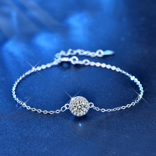 925 Sterling Silver Bracelet, with Moissanite, with 1.2inch extender chain, Round, platinum plated, fashion jewelry & for woman Approx 6.3 Inch 