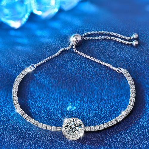 925 Sterling Silver Bracelet, with Moissanite, Round, platinum plated, fashion jewelry & for woman Approx 10.2 Inch 