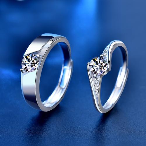 925 Sterling Silver Couple Ring, with Moissanite, Geometrical Pattern, platinum plated, adjustable & for couple 