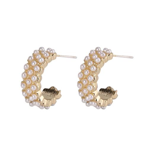 Zinc Alloy Stud Earring, with Plastic Pearl, fashion jewelry & for woman, golden, 18mm 