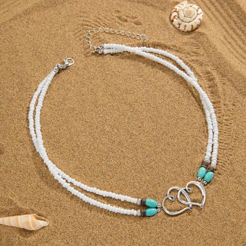 Petite perle en verre de collier 
, Seedbead, avec turquoise & alliage de zinc, avec 7cm chaînes de rallonge, coeur, bijoux de mode & pour femme Environ 37 cm, Vendu par PC