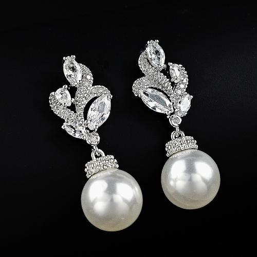Boucle d'oreille goutte laiton strass, avec perle de plastique, bijoux de mode & pour femme & avec strass, 27mm, Vendu par paire
