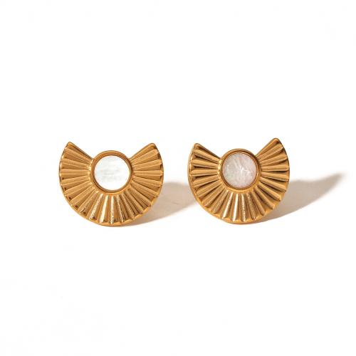 Stainless Steel Stud Earring, 304 Stainless Steel, with White Shell, 18K gold plated, fashion jewelry & for woman, golden 