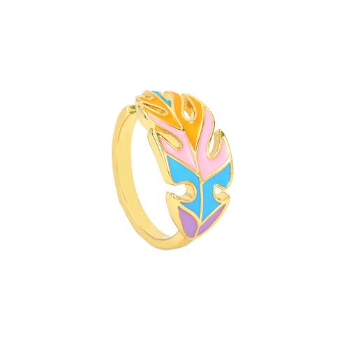 Brass Finger Ring, Leaf, gold color plated, Adjustable & fashion jewelry & for woman & enamel Inner Approx 17mm 