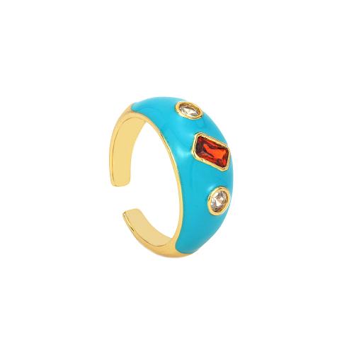 Zircon pavent l'anneau en laiton de doigt, Placage de couleur d'or, Réglable & bijoux de mode & pavé de micro zircon & pour femme & émail, plus de couleurs à choisir, Diamètre inté Environ 17mm, Vendu par PC