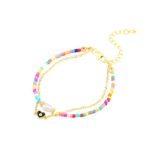 Enamel Brass Bracelets, with Glass Beads & Freshwater Pearl, Bear, gold color plated, fashion jewelry & for woman Approx 16-22 cm 