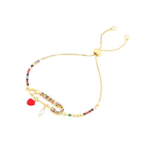 Enamel Brass Bracelets, with Plastic Pearl, Paper Clip, gold color plated, fashion jewelry & micro pave cubic zirconia & for woman Approx 16-22 cm 