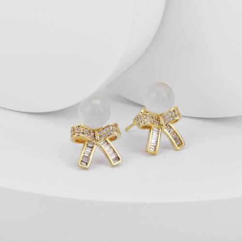 Boucles d'oreilles en laiton zircon cubique pavent, avec Oeil de chat, Placage de couleur d'or, bijoux de mode & pavé de micro zircon, doré Vendu par paire