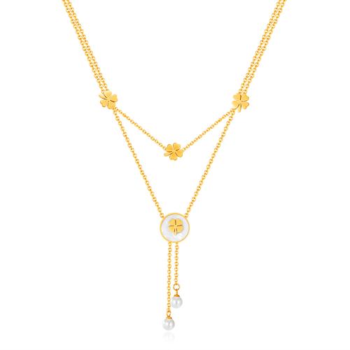Collier de bijoux de titane, Acier titane, avec Huître perlière & perle de plastique, avec 5.5CM chaînes de rallonge, Placage, pour femme, doré Environ 40 cm, Vendu par PC