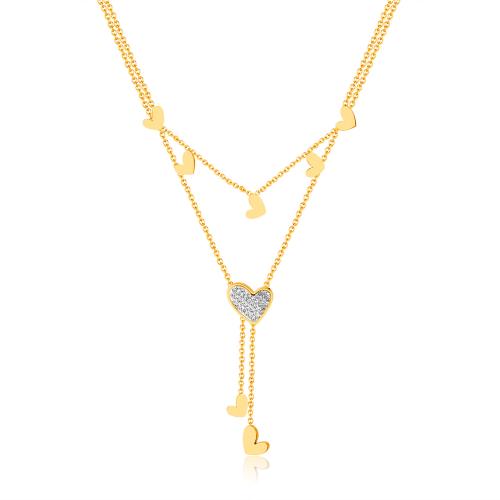 Titan Schmuck Halskette, Titanstahl, mit Verlängerungskettchen von 6.5CM, Herz, plattiert, Micro pave Zirkonia & für Frau, goldfarben, Länge:ca. 38 cm, verkauft von PC