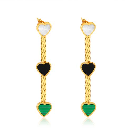 Titanium Steel Earrings, with Pearl Oyster & Malachite & Acrylic, plated, for woman, golden 