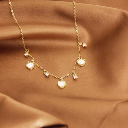 Acier titane collier, avec coquille blanche, coeur, Placage de couleur d'or, chaîne ovale & pavé de micro zircon & pour femme Environ 17.7 pouce, Vendu par PC