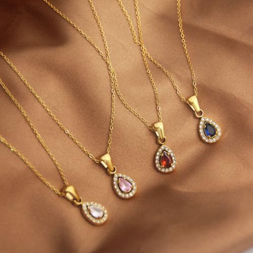 Titanium Steel Necklace, Oval, gold color plated, oval chain & micro pave cubic zirconia & for woman Approx 17.7 Inch 