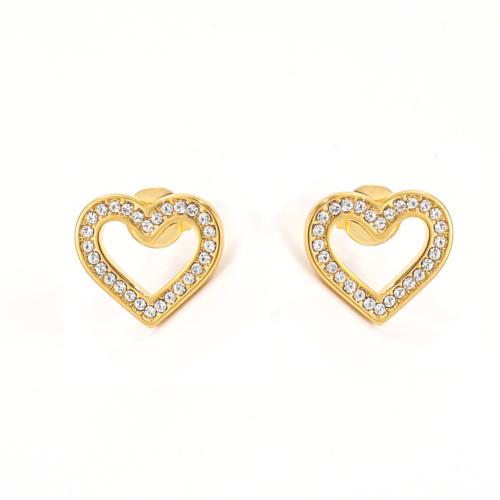 304 Stainless Steel Stud Earring, Heart, gold color plated, for woman & with rhinestone & hollow 