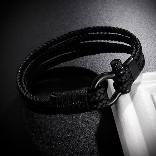 PU Leather Cord Bracelets, Zinc Alloy, with leather cord, fashion jewelry & multilayer & Unisex, black Approx 21 cm 